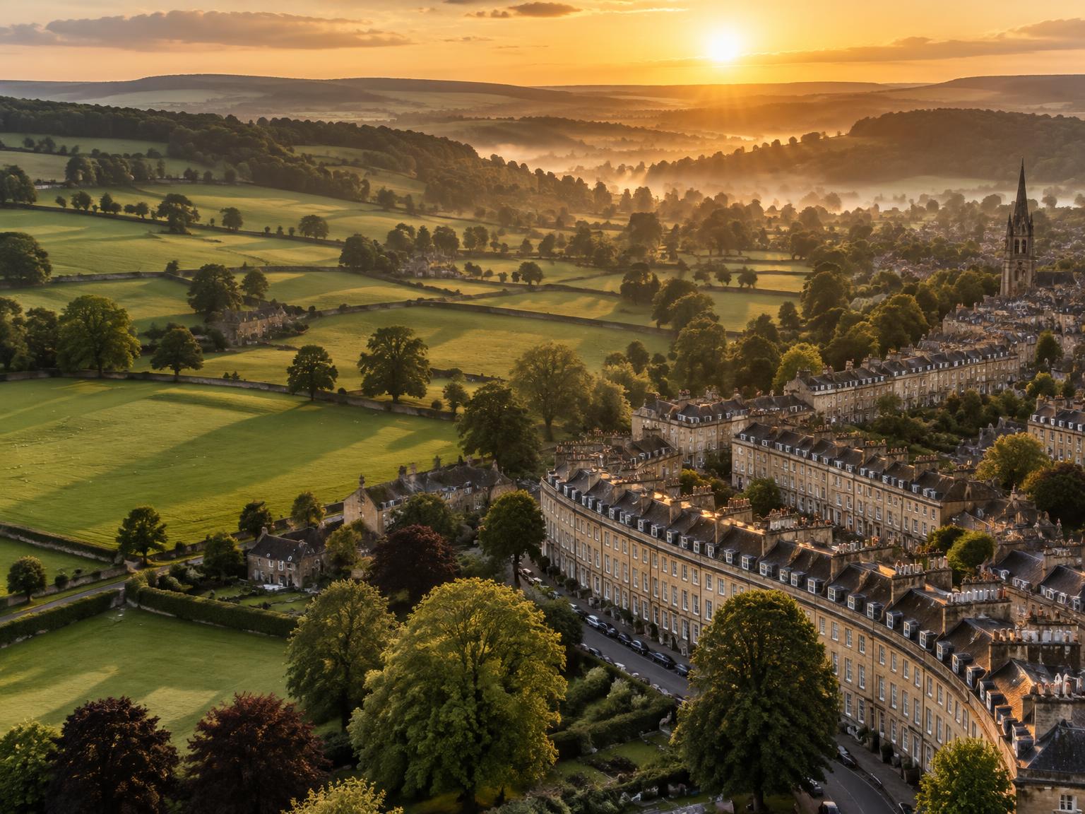 Golden-hour aerial view of British farmland meeting a Georgian town